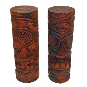 Set of 2 Hand-Carved Wooden Tiki Totems 8" Tribal Island Decor Brown Statues